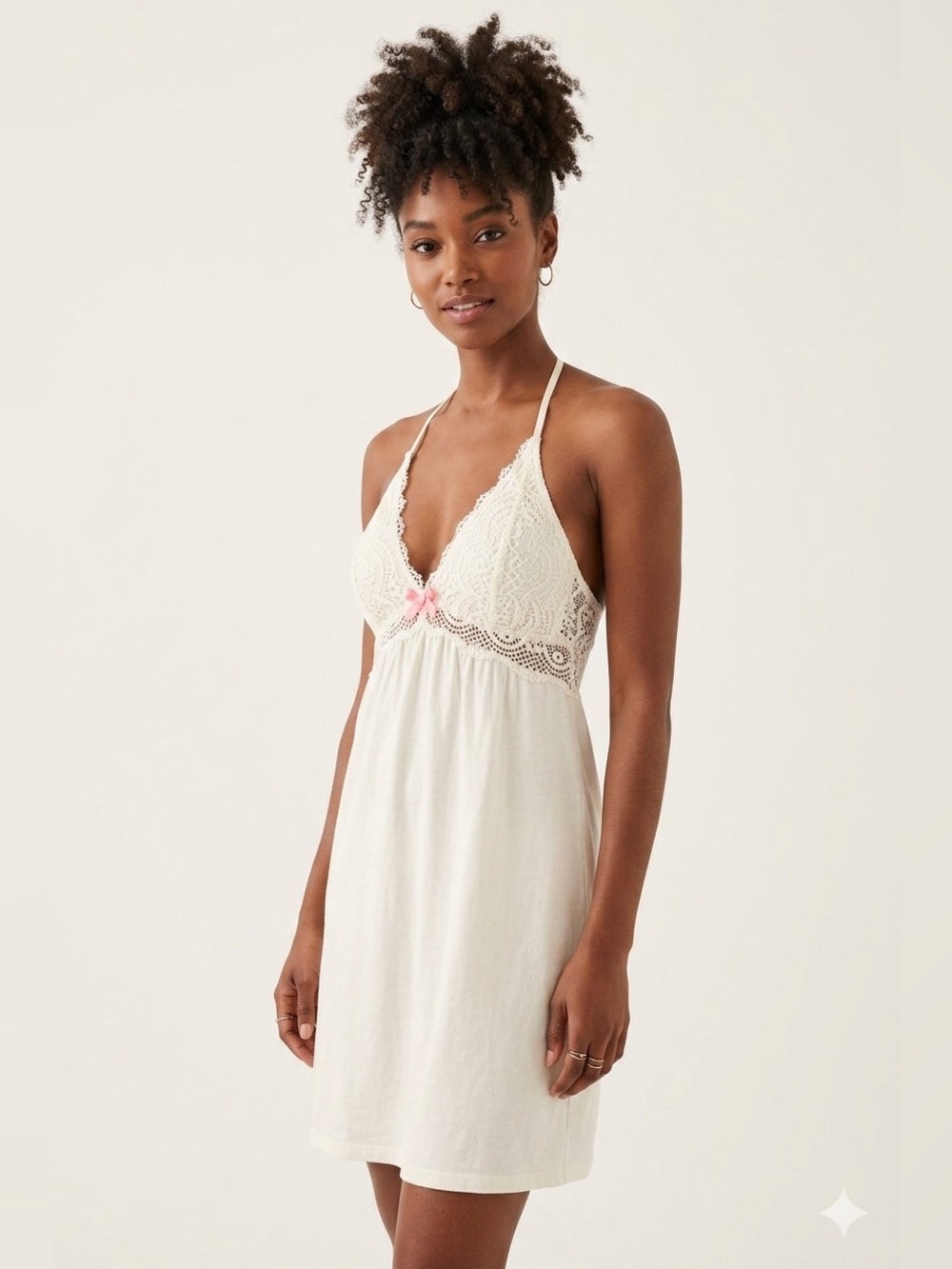 Victoria's Secret Ivory Lace-Trim Chemise with Pink Bow M